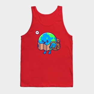 Cute Earth Globe Backpacker Holding Map Cartoon Tank Top